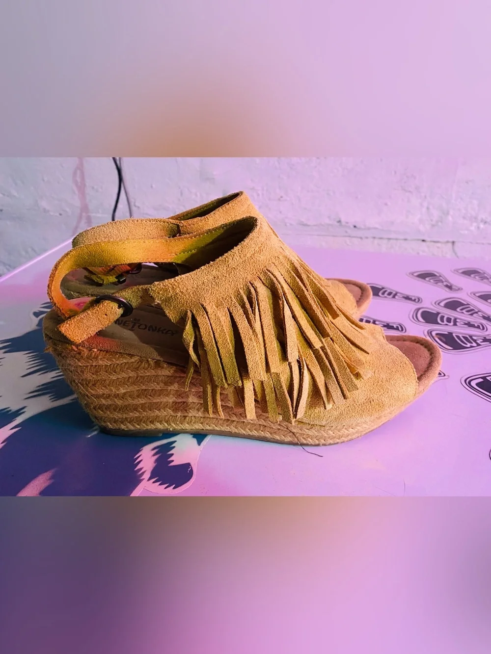 Minnetonka Suede Fringe Espadrille Wedge Sandals - Mustard